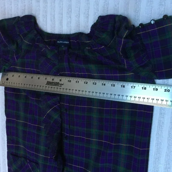 Ralph Lauren Girls' Size 12 Short Sleeve Ruffle Dress Purple/Green Plaid Cotton